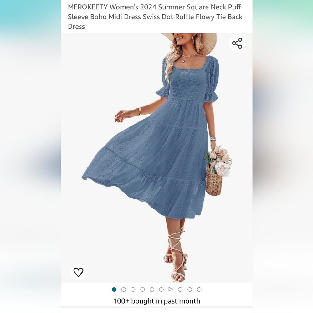 MEROKEETY Blue Swiss Dot Puff Sleeve Midi Dress